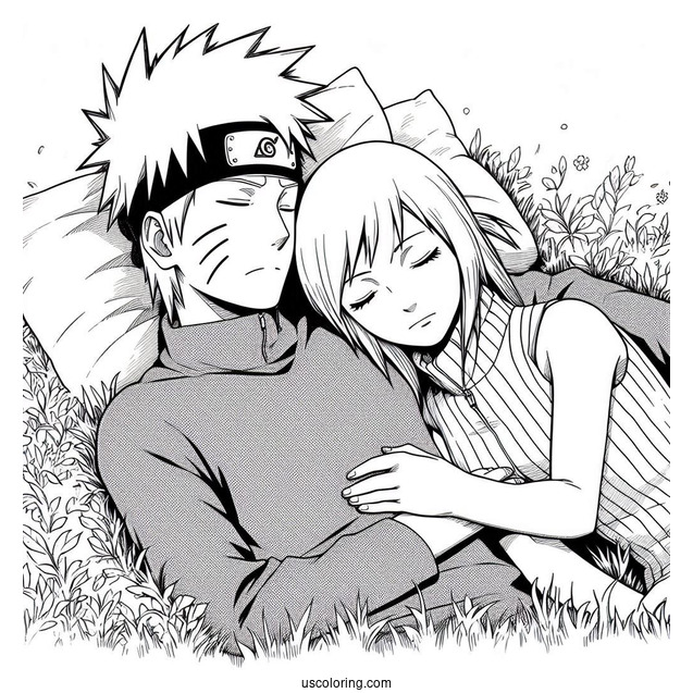 Rin Nohara Sleeping Next To Hatake Kakashi Coloring Page On The Grass