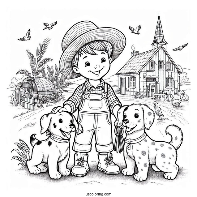 Farmer Boy With His Two Dogs