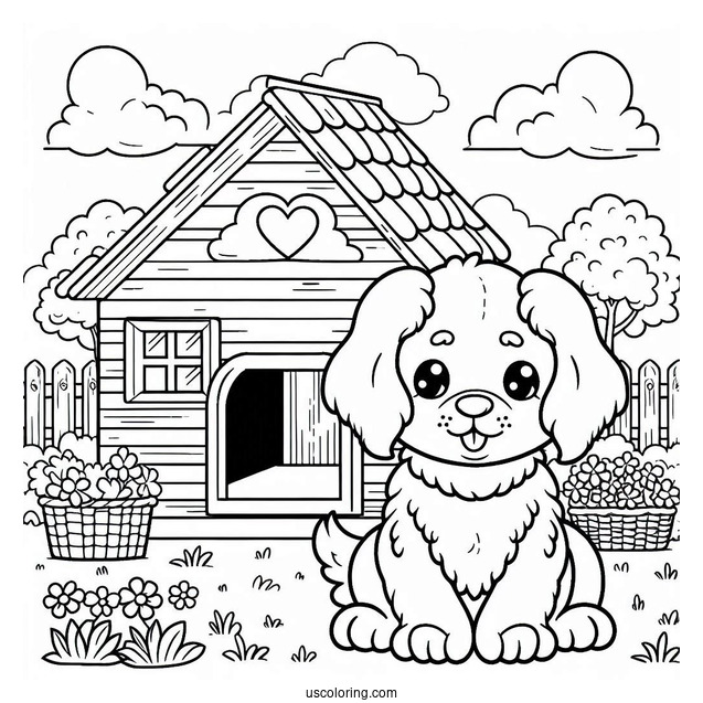 Puppy In Front Of Dog House Coloring Sheet