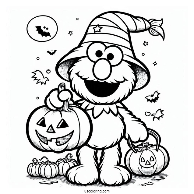 Halloween Themed Elmo Holding a Pumpkin To Color