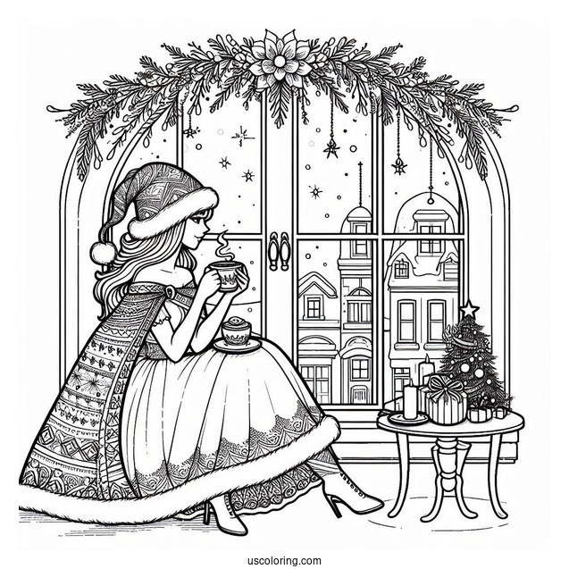 Coffee Coloring Pages Of Woman In Dress And Cape Drinking Coffee On Christmas Day By Window Bay