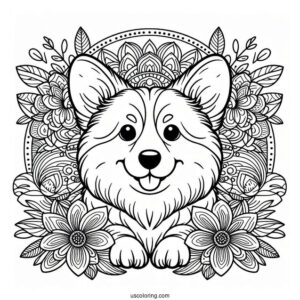 Coloring Page Of Corgi Inside Flower Mandala