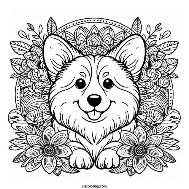 Coloring Page Of Corgi Inside Flower Mandala