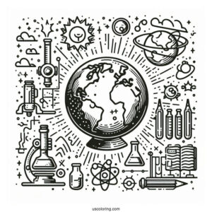Easy Earth Surrounded By Science Coloring Page And Technology