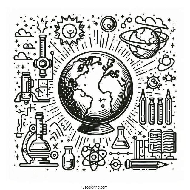 Easy Earth Surrounded By Science Coloring Page And Technology