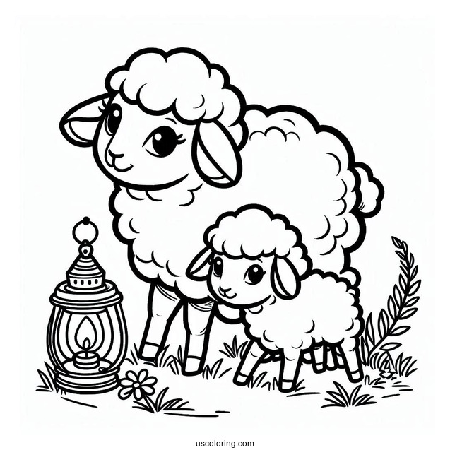 Mother Sheep And Lamp On Grass Coloring