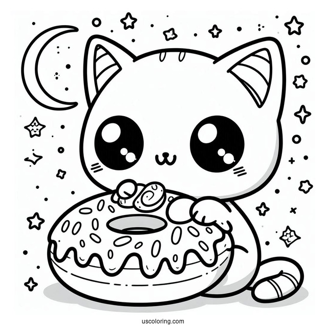 Cat Themed Kawaii Donut Coloring Page