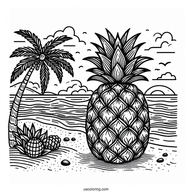 Detailed Pineapple On Beach Coloring Page