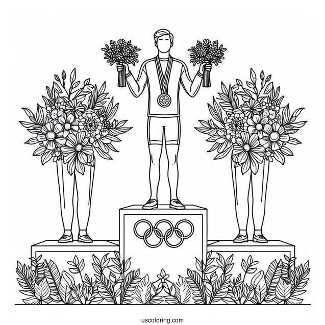 Olympics Coloring Page Of Athletes On Tri Level Podium With Medals And Flowers