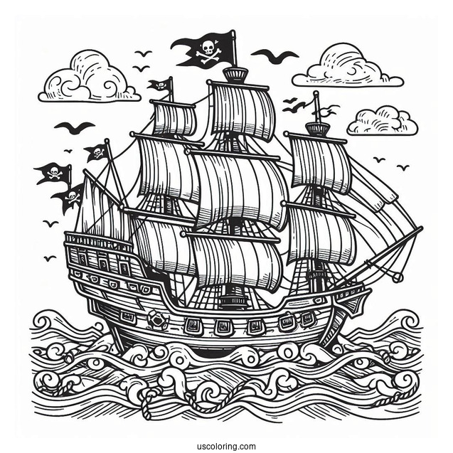 Detailed Pirate Coloring Page Ship At Sea