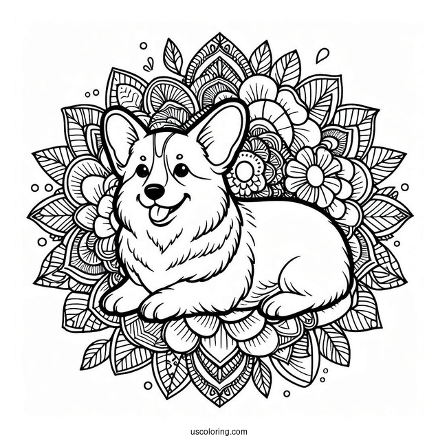 Coloring Page Of Corgi Inside Flower Mandala