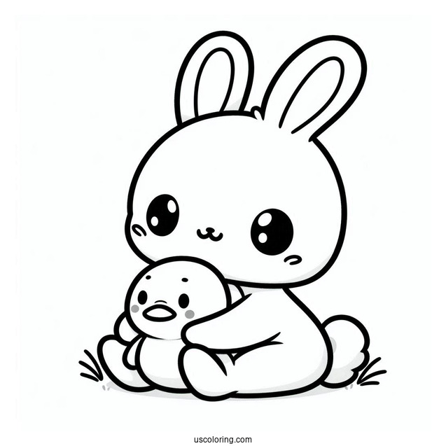 Kawaii Rabbit Hugging A Duckling Coloring Page