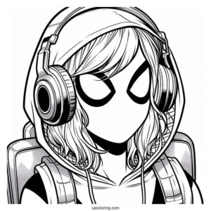 Spider-Gwen Coloring Page Wearing Headphones And Backpack