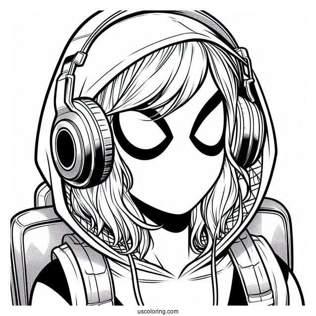 Spider-Gwen Coloring Page Wearing Headphones And Backpack
