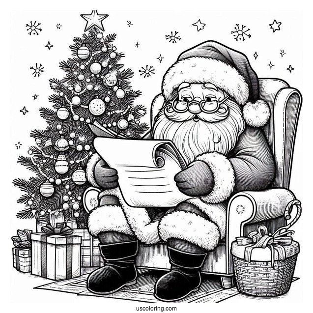 Detailed Santa Reading His List Coloring Sheet