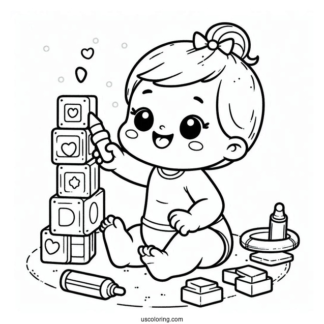 Cute Baby Coloring Page Playing With Blocks For Kids