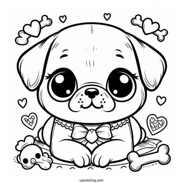 Coloring Page Of Baby Pug With Bones And Hearts