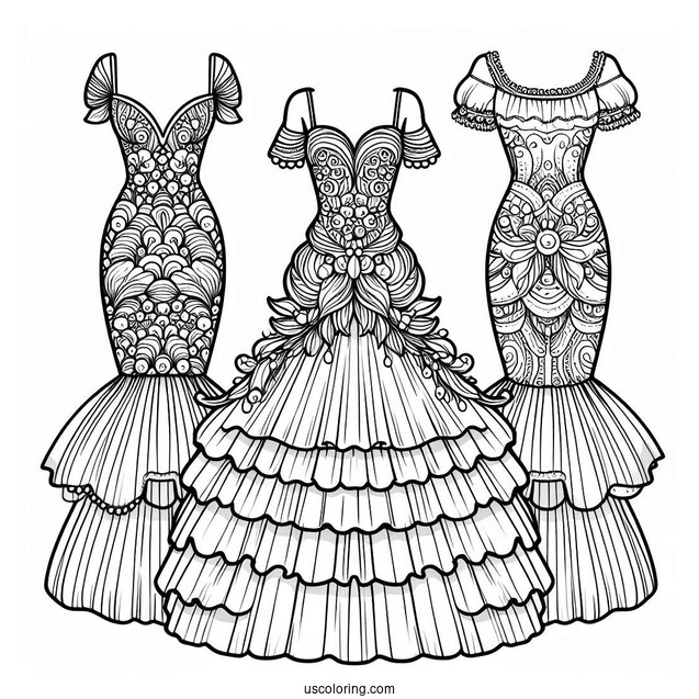 Mermaid Dress Coloring Page With Large Layered Tulle Bottom