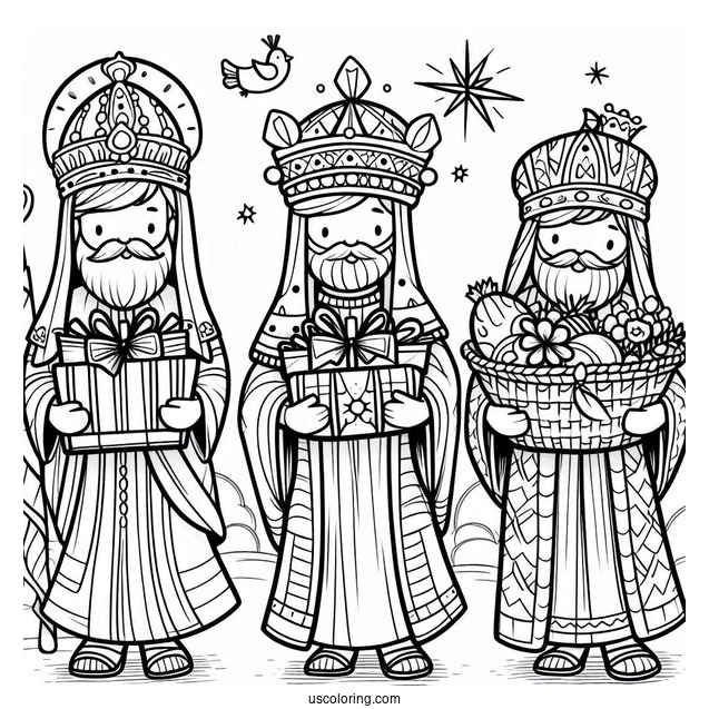 Nativity Coloring Page Of Three Kings Carrying Gifts For Jesus