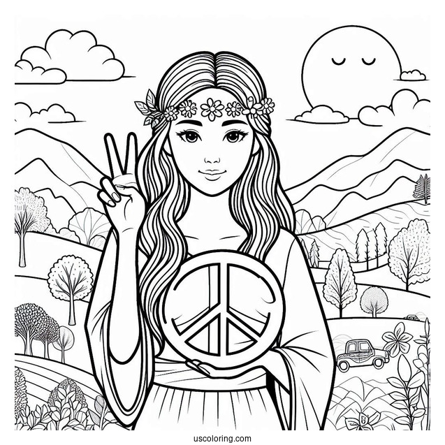 Person Holding A Peace Coloring Page Sign With Different Landscapes
