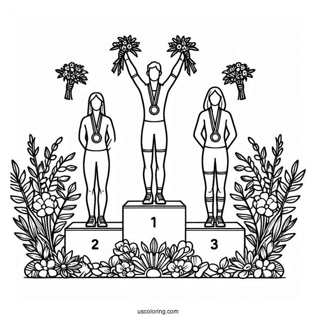 Olympics Coloring Page Of Athletes On Tri Level Podium With Medals And Flowers