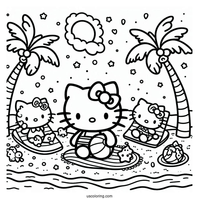 Hello Kitty And Friends Lounging At The Beach Coloring Page