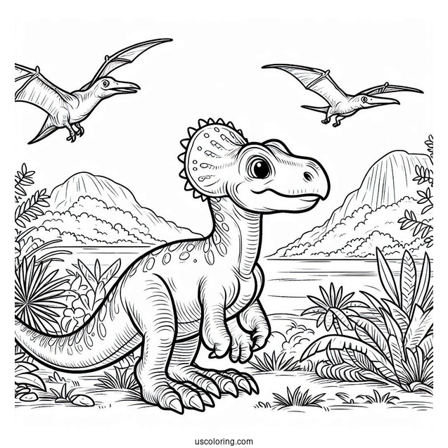 Parasaurolophus Coloring Page With Pterodactyl In The Background