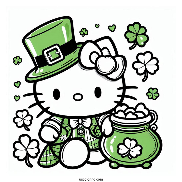 St. Patrick's Day Coloring Page Of Cute Hello Kitty Dressed As A Leprechaun With A Shamrock For Preschoolers