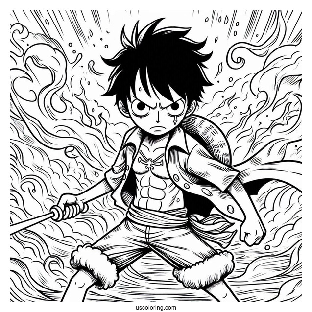 Luffy Coloring Page In Battle Mode Surrounded By Fire