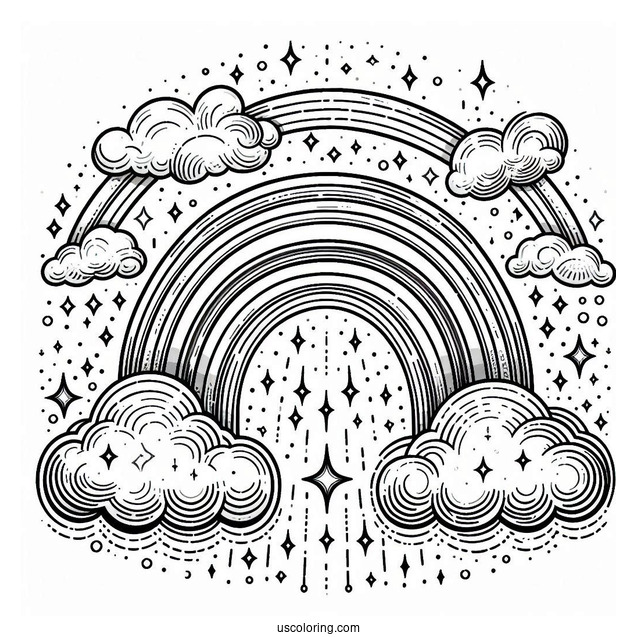 Sparkling Rainbow In Cloudy Sky Coloring Sheet