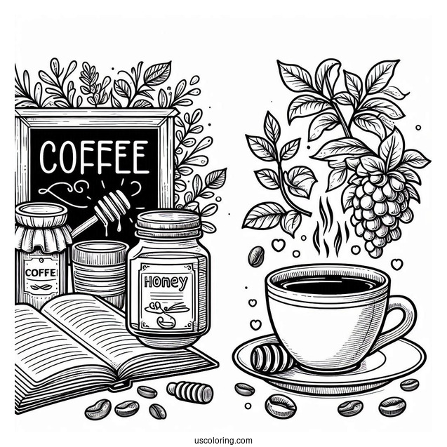 Coffee Coloring Pages Of Cup Next To Honey Jar, Signage, And Open Book