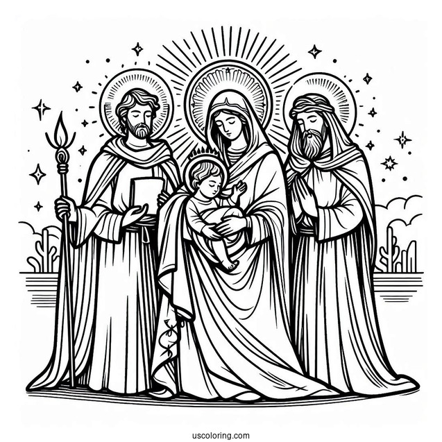 Virgin Mary With Jesus And Three Kings Coloring