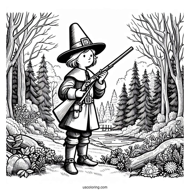 Pilgrim Coloring Page Holding A Musket In The Forest