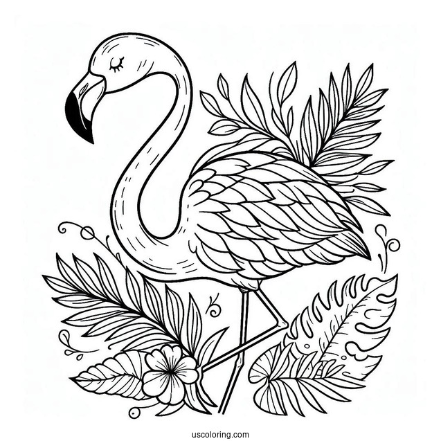 Coloring Page Of a Tropical Themed Flamingo