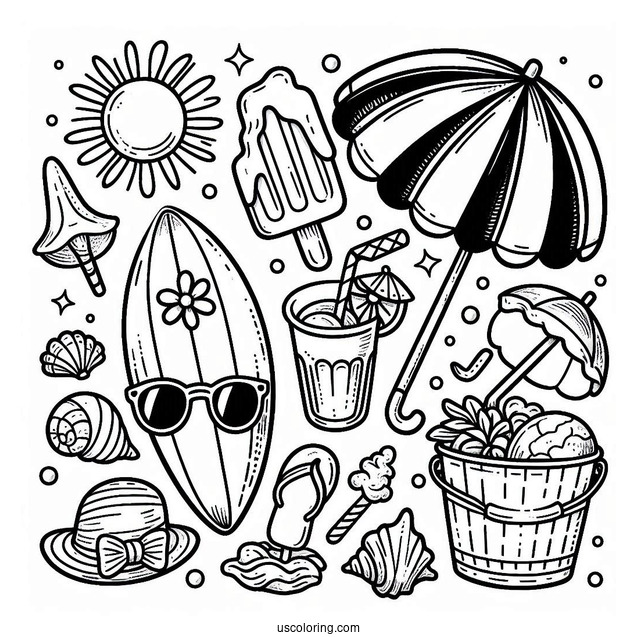 Summer Coloring Page Surf Board, Goggles, Popsicle, Hat, Seashell, Bucket, Drink, Sun, And Umbrella