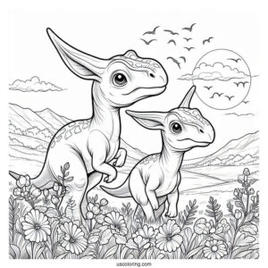Two Young Parasaurolophus Coloring Page On A Field