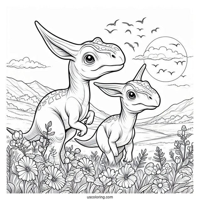 Two Young Parasaurolophus Coloring Page On A Field