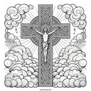 Detailed Celtic Cross Coloring Page In The Clouds With Jesus At The Center