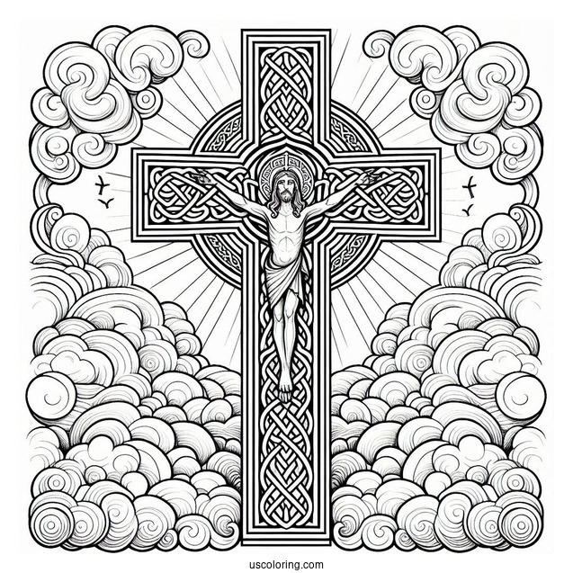 Detailed Celtic Cross Coloring Page In The Clouds With Jesus At The Center