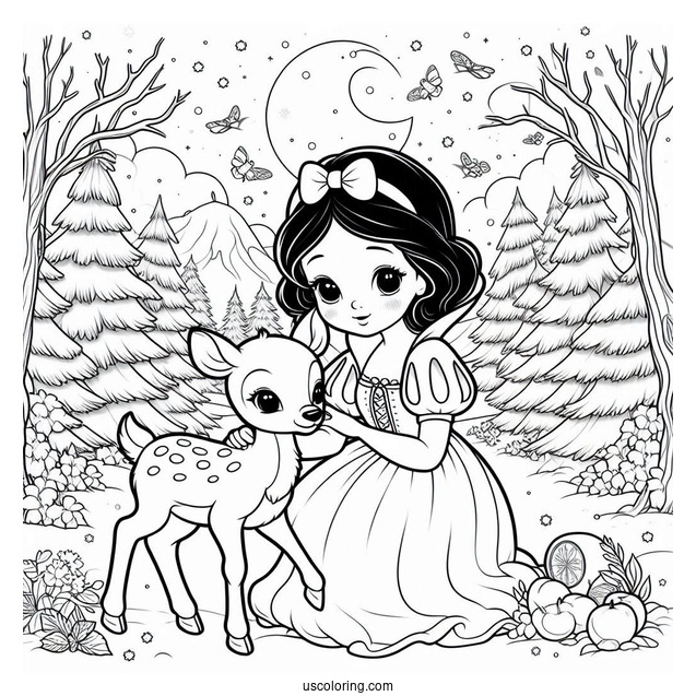 Snow White In Forest With Baby Deer To Color