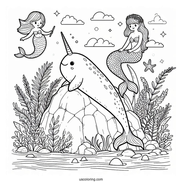 Narwhal Coloring Page And Mermaid Perched On A Rock For Kids