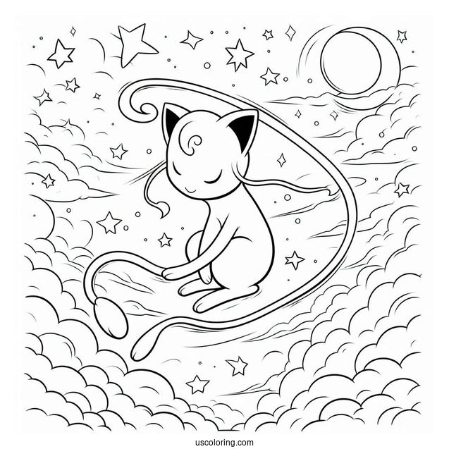 Mew Coloring Page Floating In The Sky With Stars