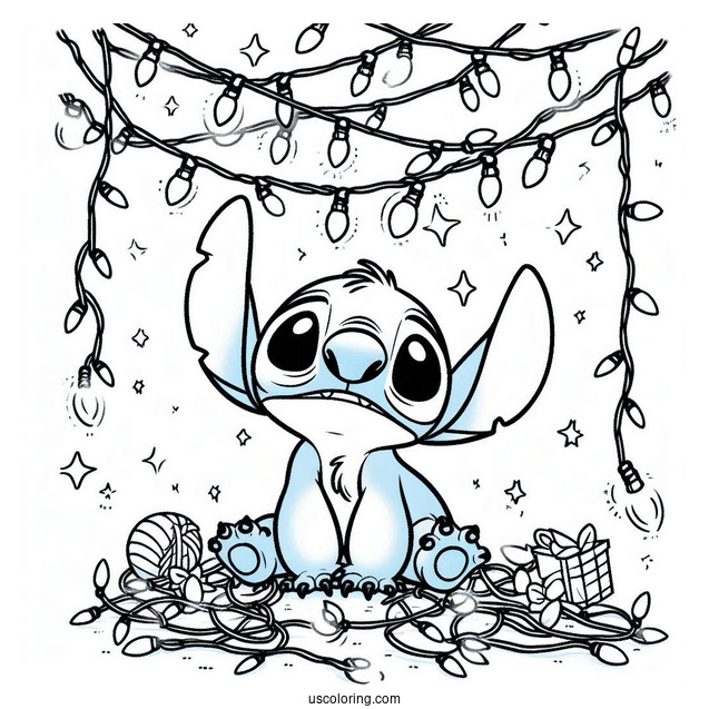 Stitch Tangled In Christmas Lights Coloring Page