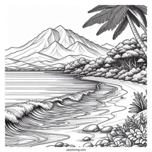 Realistic Beach Coloring Page With Mountain View