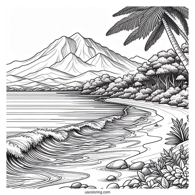 Realistic Beach Coloring Page With Mountain View