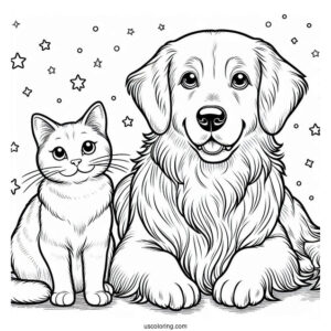 Golden Retriever And Cat Sitting Together Coloring Page