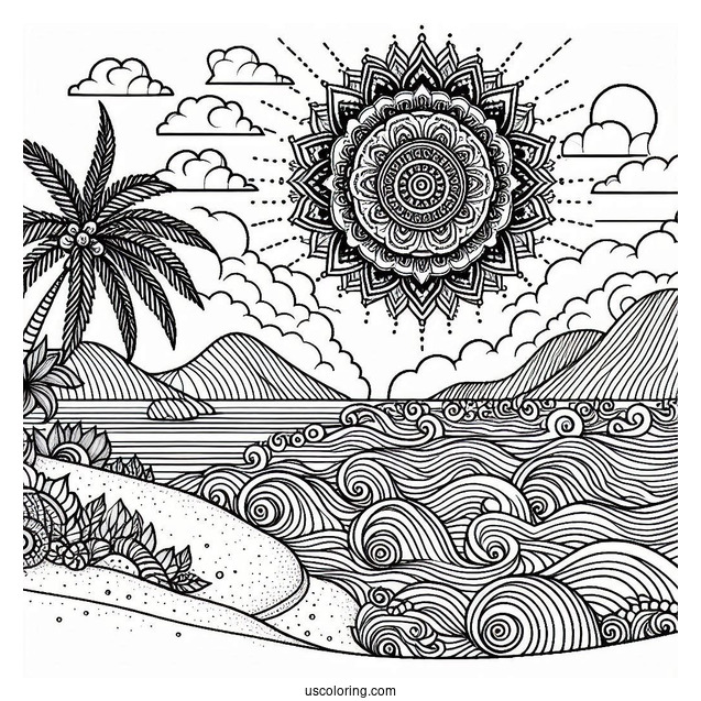 Beach Coloring Page Mandala With Large Waves