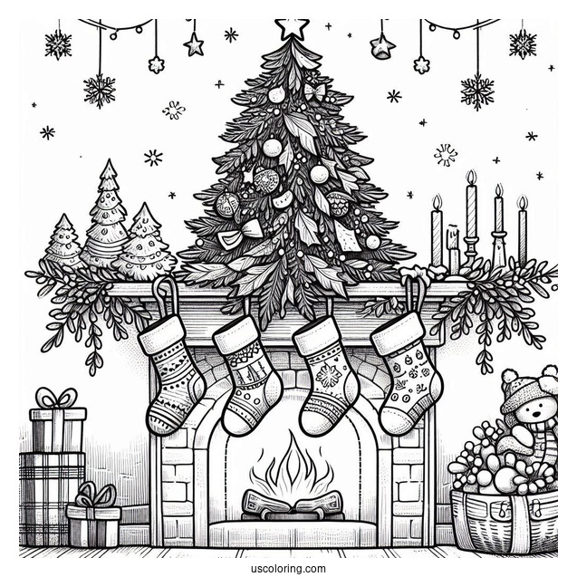 Christmas Tree And Stockings On Mantle