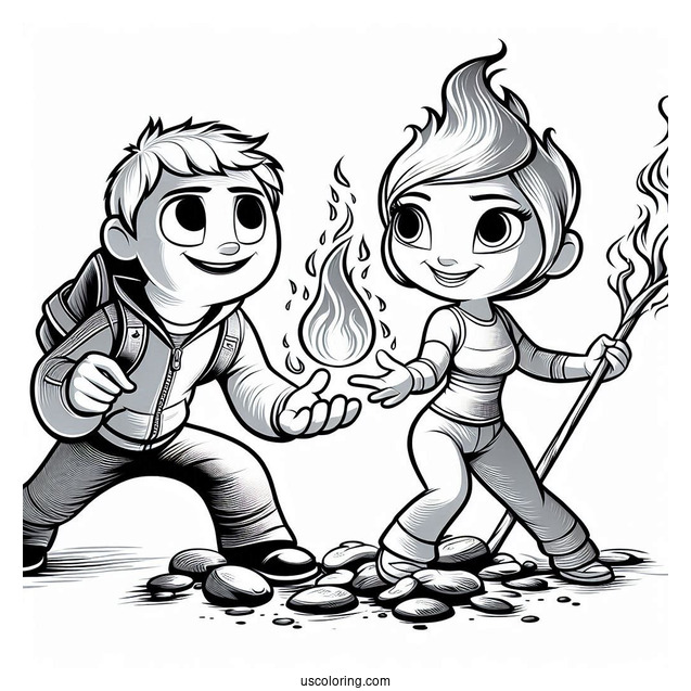Pixar Coloring Page of Ember Lumen And Wade Ripple From Elemental