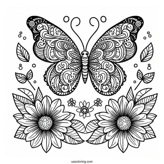 Complex Butterfly Coloring Page And Flower Mandala